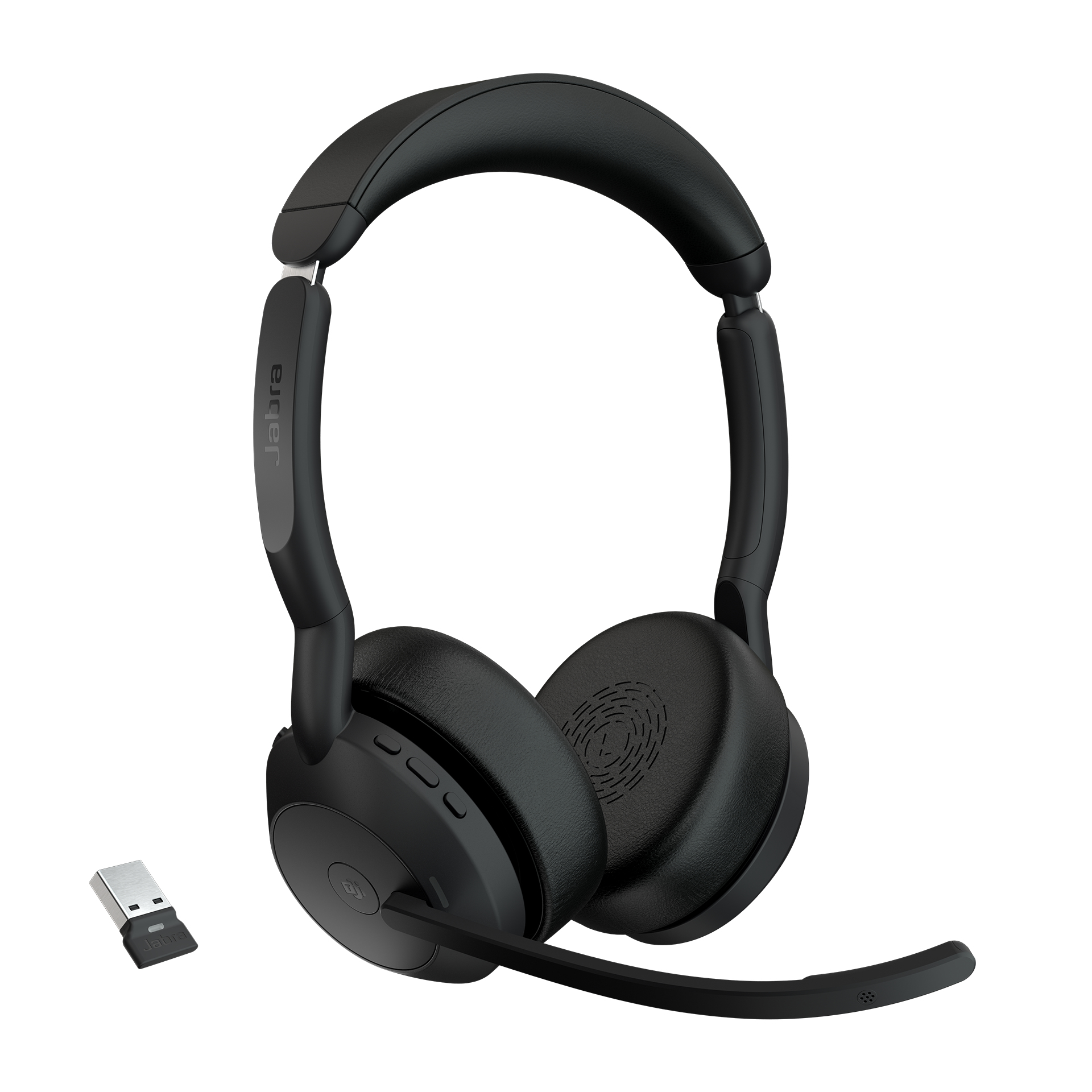 Jabra Evolve2 55 MS Stereo - Auscultadores - no ouvido - bluetooth - sem fios - cancelamento de ruído activo - USB-A - preto - Certificação Zoom, Certificado para Microsoft Teams, Cisco Webex Certified, Otimizado pata UC, Certificação Alcatel-Lucent