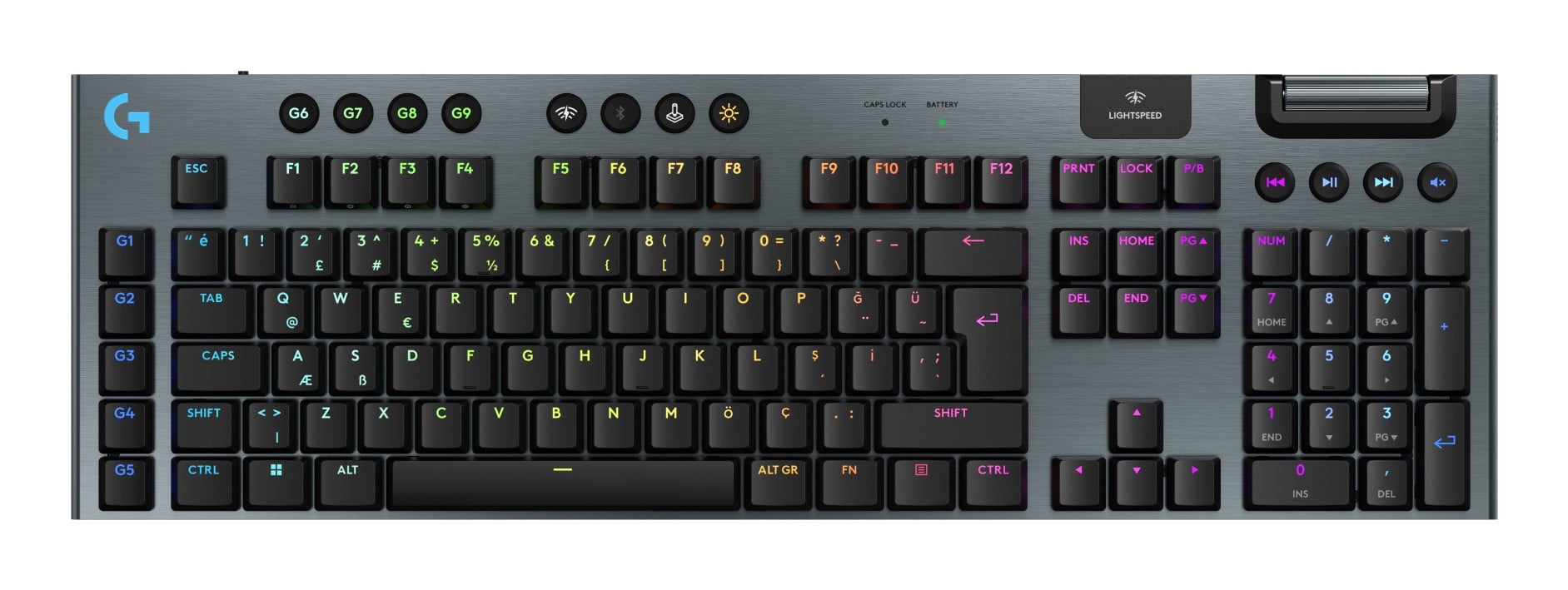 Logitech G G915 X - Teclado - LIGHTSPEED - luz traseira - sem fios - Bluetooth 5.0, 2.4 GHz, USB - QWERTY - Padrão internacional americano - interruptor: GL Tactile - preto