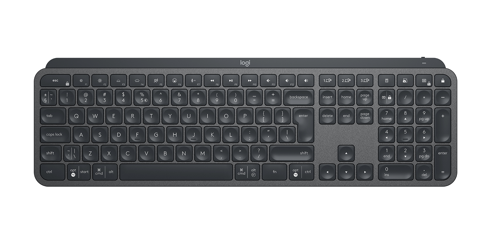 Logitech MX Keys - Teclado - retroiluminação - sem fios - Bluetooth, 2.4 GHz - QWERTY - Padrão internacional americano - grafite